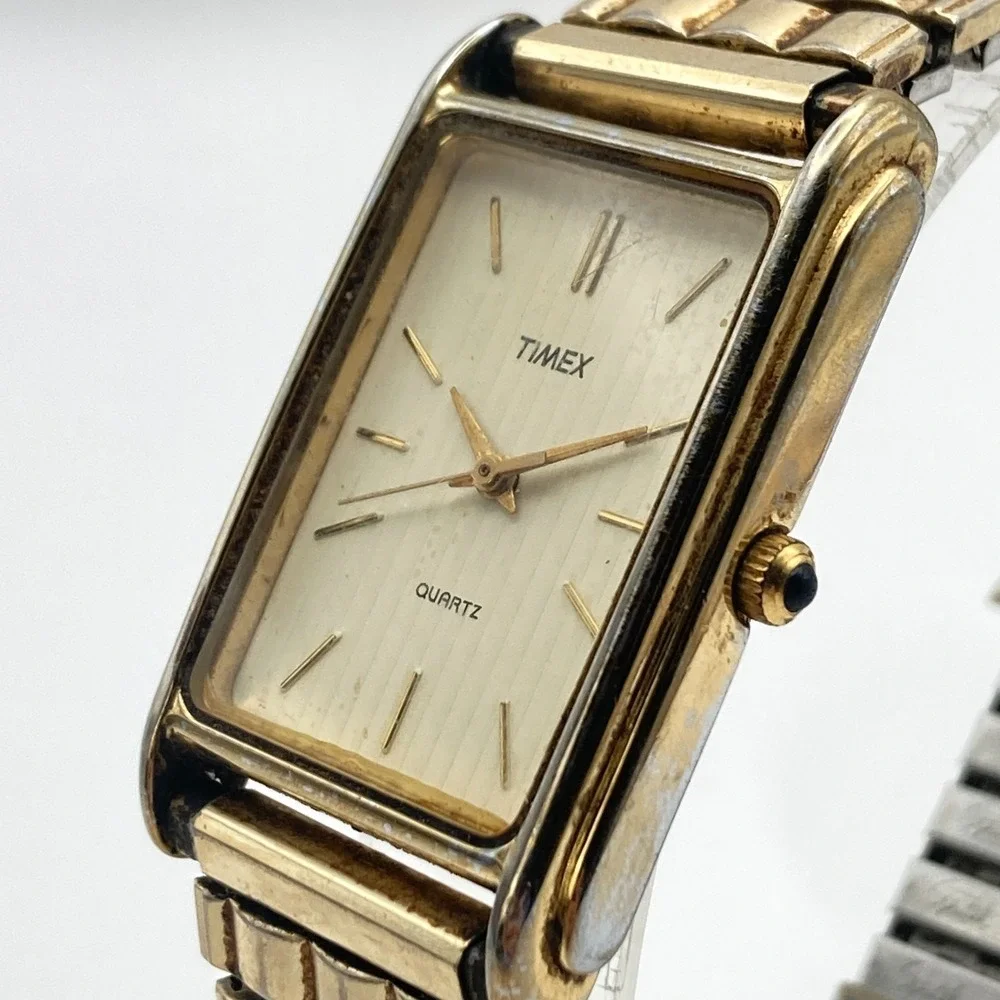 Vintage Timex Men's Tank Watch 25mm Gold Tone Striped Dial New Battery 7